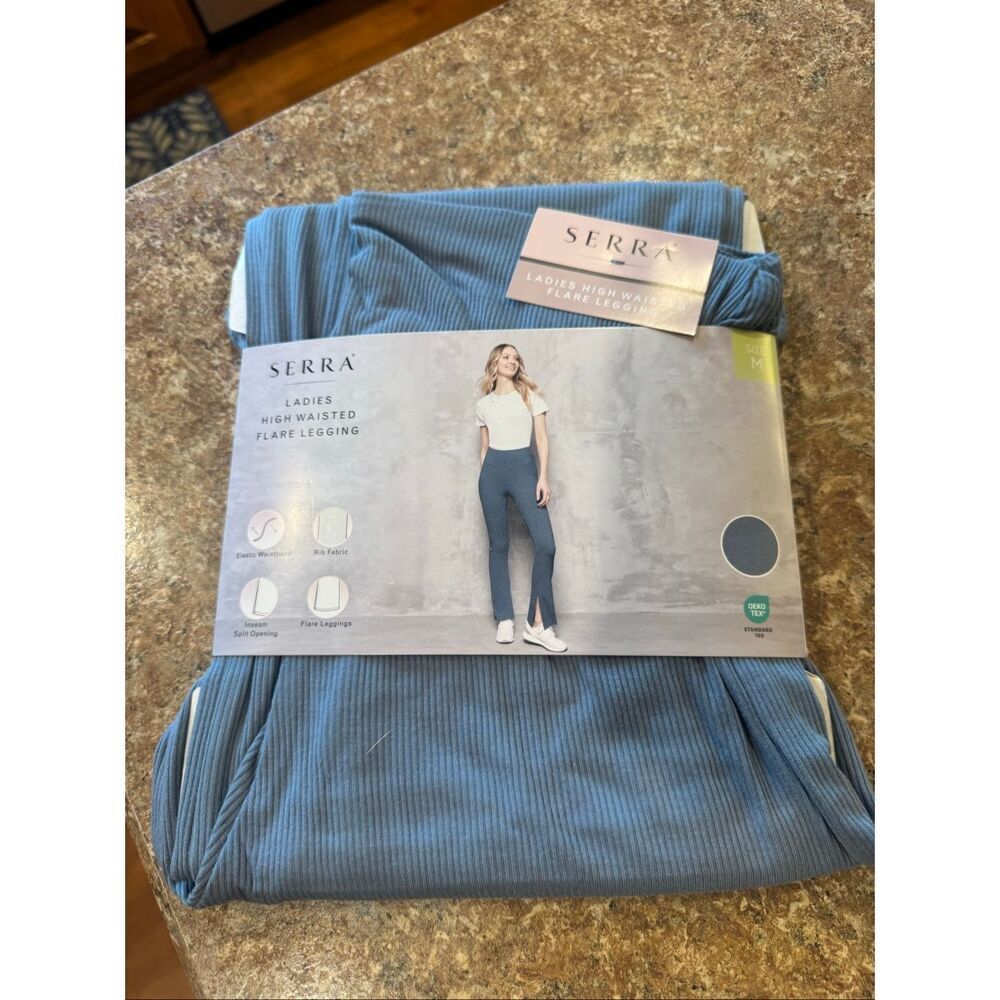 NWT Serra High Waisted Flare Leggings Blue Rib Knit Size M 8-10 Split Hem Aldi